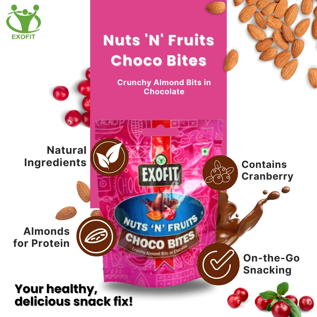 EXOFIT Nuts 'N' Fruits Choco Bites (Pack of 12) 420g Crunchy Almond Bits in Chocolate-1