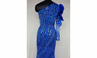 Royal Blue One-Shoulder Sequin Embroidered Evening Gown with Ruffle Sleeve | Luxury Couture Cocktail Dress | Crystal Beaded Party Wear