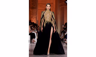 Black & Gold Embellished Couture Cape Gown with High Neck Bodice | Luxury Beaded Evening Dress | Red Carpet Designer Gown