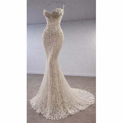 ivory pearl embellished mermaid bridal gown with corset bodice | luxury beaded wedding dress | couture fishtail bridal dress