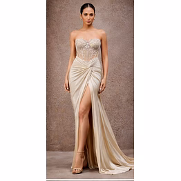 champagne draped corset gown with embellished bodice | strapless evening dress with high slit | luxury bridal reception dress