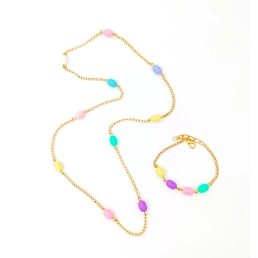 Lime By Manika Pastel Beads Neck Chain & Bracelet Set, Pink, Purple
