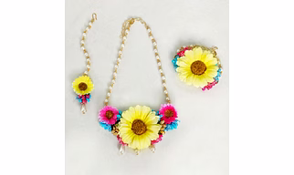 Lime By Manika Sunflower Floral set of Necklace, Bracelet, Maang Teeka - Yellow