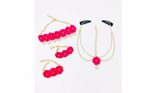 Lime By Manika Nargis Floral Head Chain, 2 Bracelets & Necklace - Dark Pink