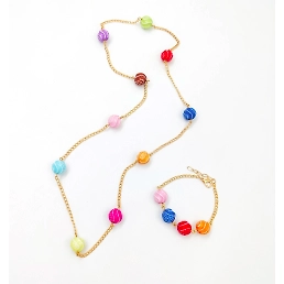 Lime By Manika Multi Bead Long Chain Necklace & bracelet Set - Red, Pink, Orange