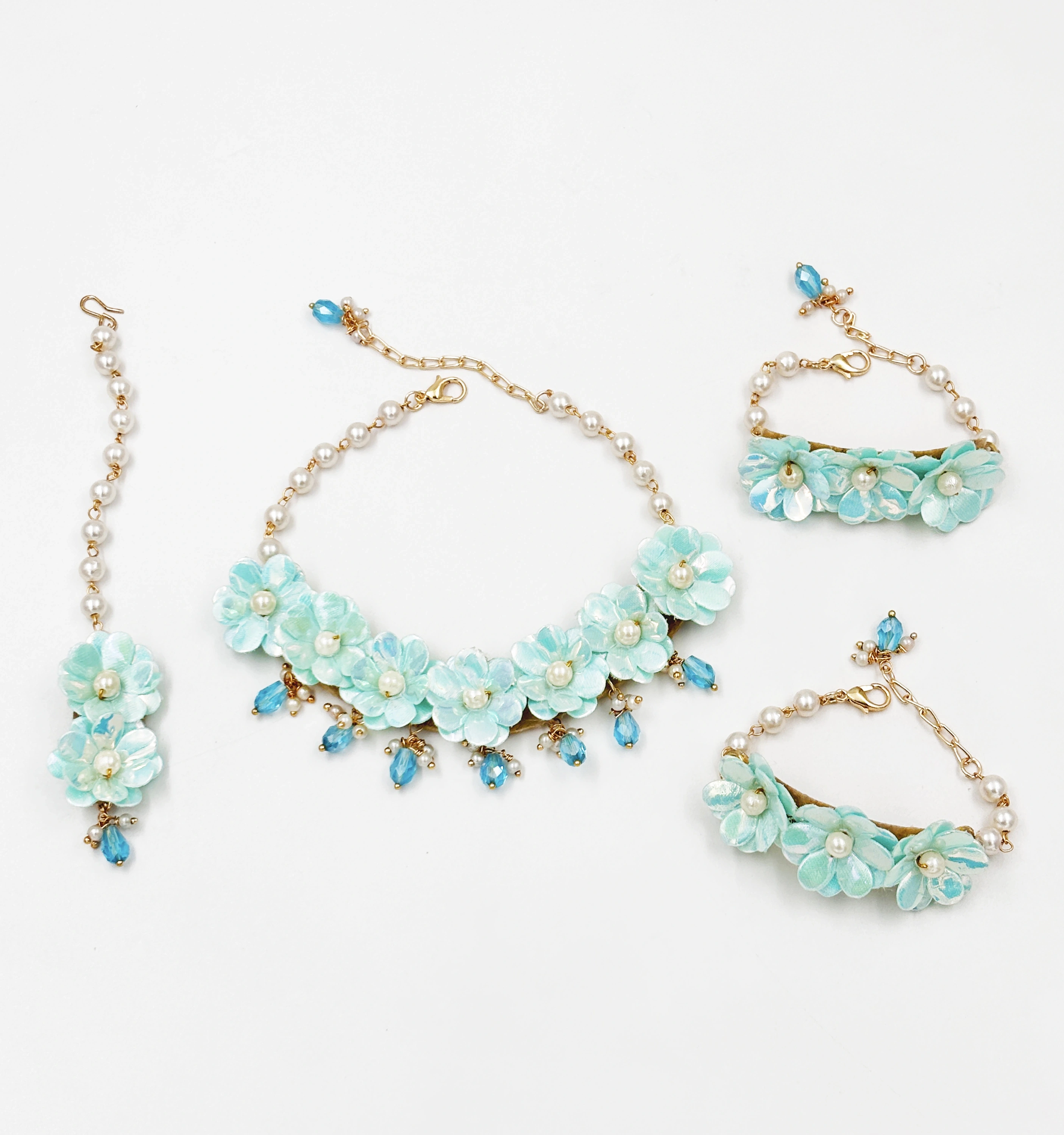 Lime By Manika Glam Floral Necklace, 2 Bracelets &amp; Maang Teeka Set- Aqua Blue-1