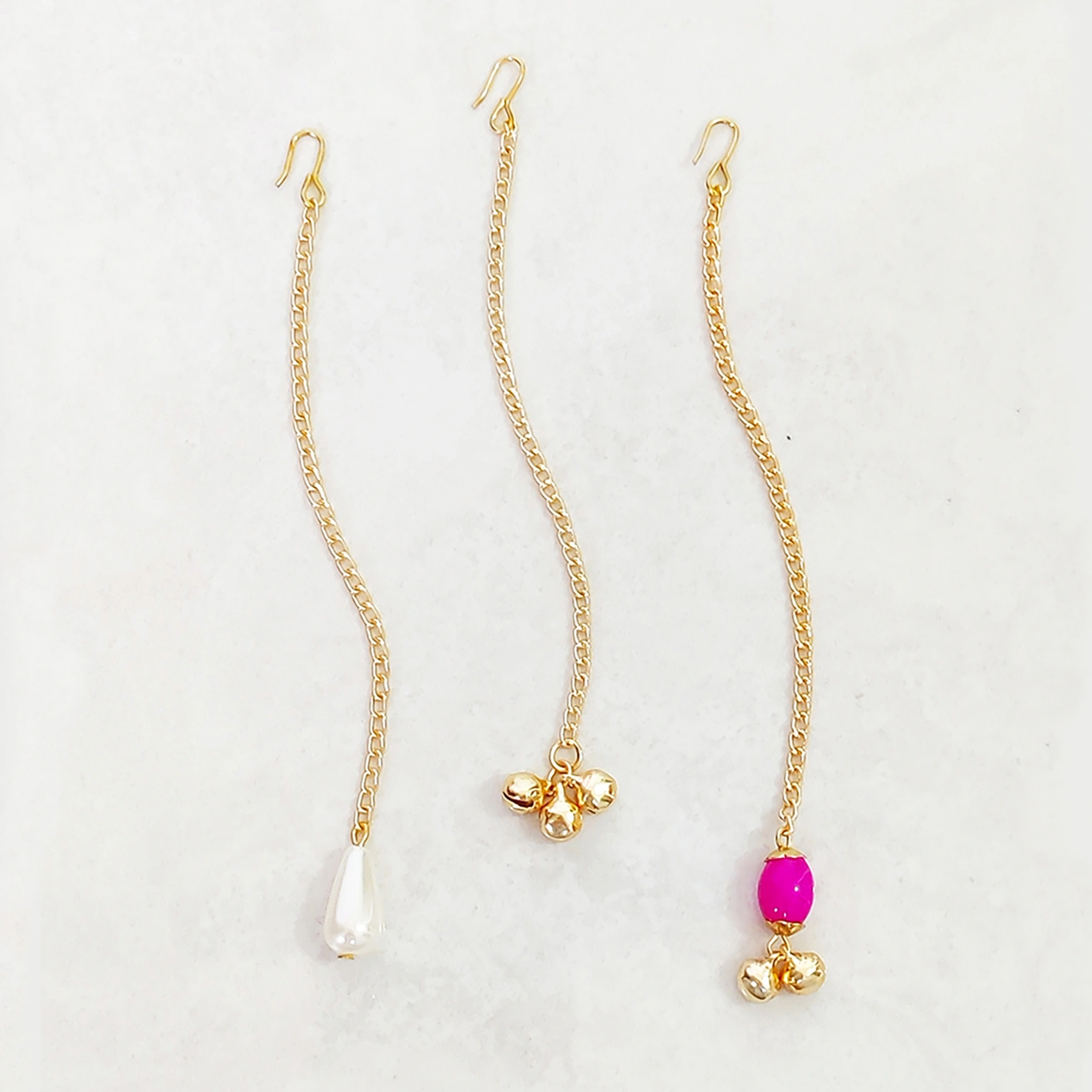 Lime By Manika Set Of 3 Pearls, Gungroos &amp; Stone Detailed Maang Teekas- Gold, Magenta-LM2192