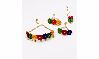 Rangeen Floral Navratri Necklace, 2 Bracelets & Maang Teeka Set- Multicoloured
