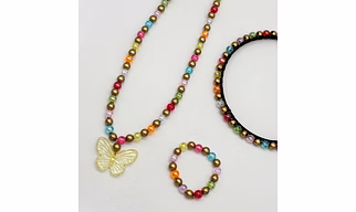 Beaded Butterfly Pendant Necklace, Bracelet & Hairband Set- Multicoloured