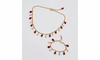 Dangling Pearls & Crystals Necklace & Bracelet Set- Red, Off White