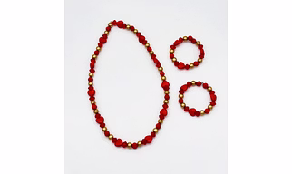 Heart Beaded Necklace & 2 Bracelets Set- Red Gold