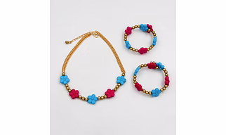 Flower Beads Detailed Necklace & 2 Bracelets Set- Ferozi Blue, Pink