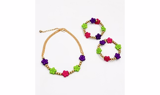 Flower Beads Detailed Necklace & 2 Bracelets Set- Pink, Purple, Green
