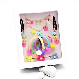 Gift Set Of Butterfly, hearts Beaded Necklace, Bracelet & Dangling Clips, 3 Finger Rings & 6 Pom Pom Rubberbands - Multicolored