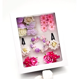 Gift Set Of 4 Pairs of Floral Clips & a Pair Of Charmed Bracelets - Pink, Purple
