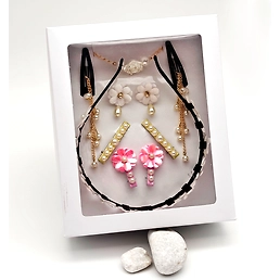 Gift Set Of Tiara Headband, Dangling Pearl Clips, 2 Pairs Pearl Hair Clips & Clip On Earrings- White, Pink, Yellow