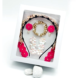 Gift Set Of Tiara Headband, Spiral Bracelet, 2 Pairs Floral Hair Clips &amp; Clip On Earrings- Golden, Magenta