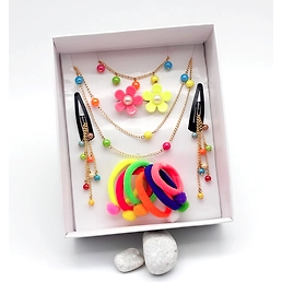 Gift Set Of Beaded Necklace, Bracelet &amp; Dangling Clips, 2 Finger Rings &amp; 6 Pom Pom Rubberbands - Multicolored