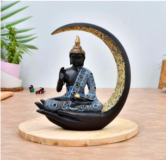 Antique Big Meditating Moon Buddha Statue Showpiece for Home Decor - Living Room - Office - Gifting - Lord Buddha Idol Polyresin Decorative Figurine (B0DDC3TSK3)-12613972