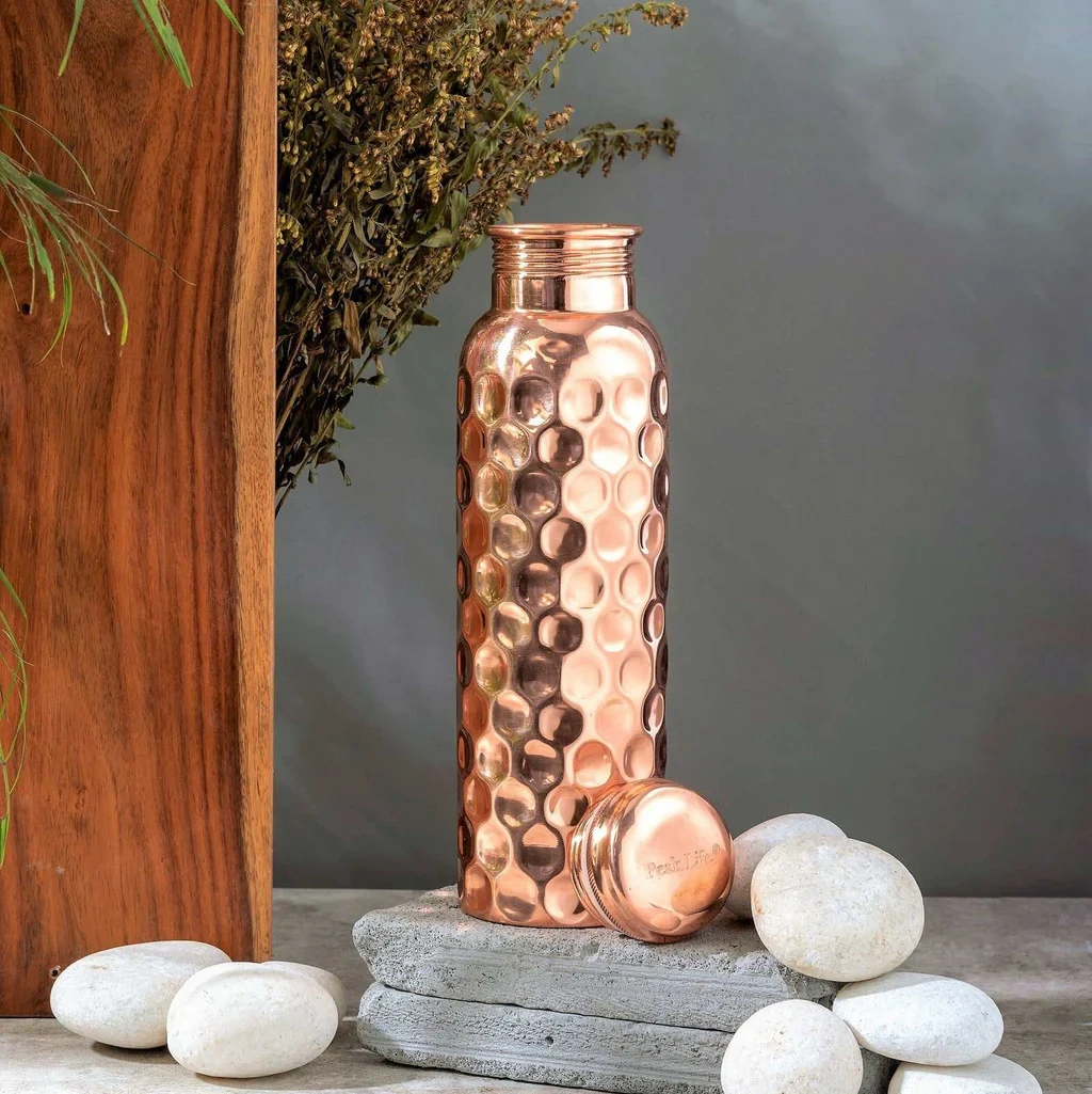 Copper Water Bottle Diamond Finish 34 Oz Leak Proof 100% Pure Ayurvedic Copper Vessel with Lid - Drink More Water and Enjoy Health Benefits Immediately/Yoga Bottle-1
