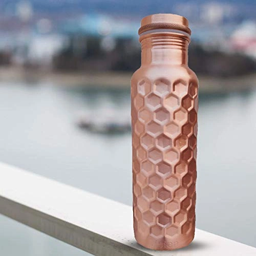 Copper Water Bottle Diamond Finish 34 Oz Leak Proof 100% Pure Ayurvedic Copper Vessel with Lid - Drink More Water and Enjoy Health Benefits Immediately/Yoga Bottle-4