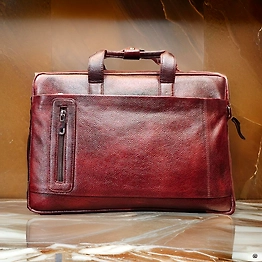 Leather laptop brown color front zip bag