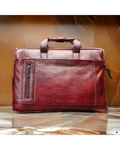 Leather laptop brown color front zip bag-12613792