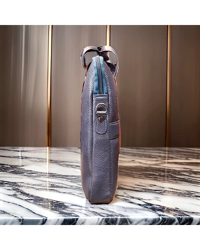 Leather laptop front zip navy blue color bag-3