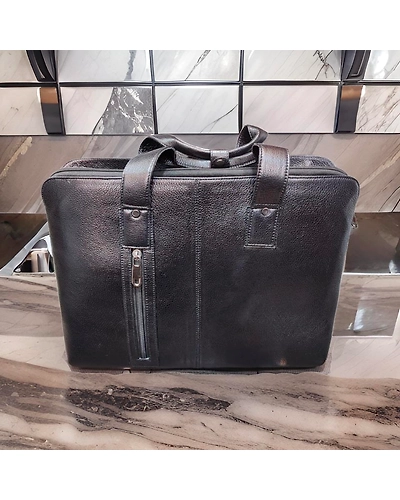 Leather laptop front zip multi pocket black color bag-12613796