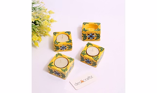 Blue Pottery T-Light Candle Holder, Set of 4, Yellow