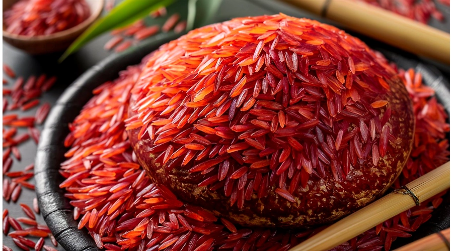 Zoomed-in image of organic red rice grains showcasing their texture and vibrant color