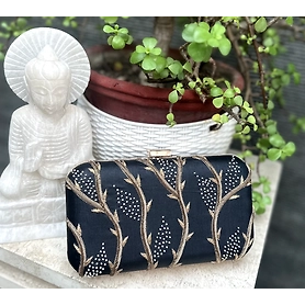 Black Clutch with Gold Zardozi work and small pearl embellishments.Size 20*12*5.50cm.