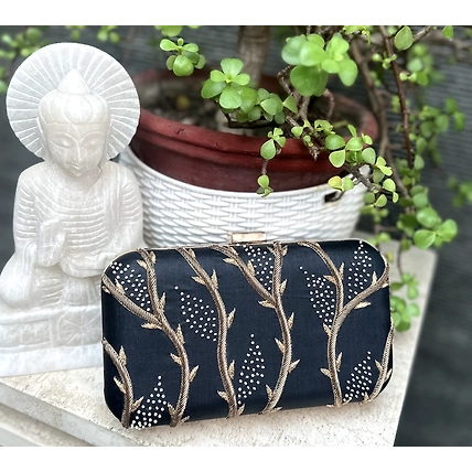 Black Clutch with Gold Zardozi work and small pearl embellishments.Size 20*12*5.50cm.-12486892