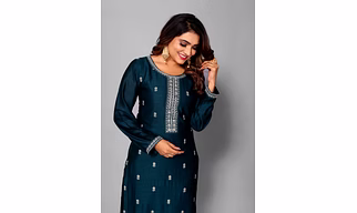 Teal Blue Silk Blend Embroidery Work Kurti