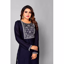 women blue silk blend embroidery kurta top