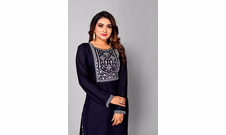 Women Blue Silk Blend Embroidery Kurta Top