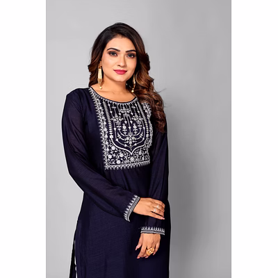 women blue silk blend embroidery kurta top