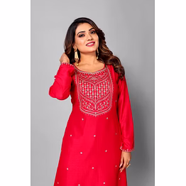 women pink embroidery silk blend stylist a-line kurti