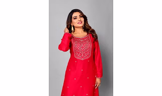 Women Pink Embroidery Silk Blend Stylist A-Line Kurti