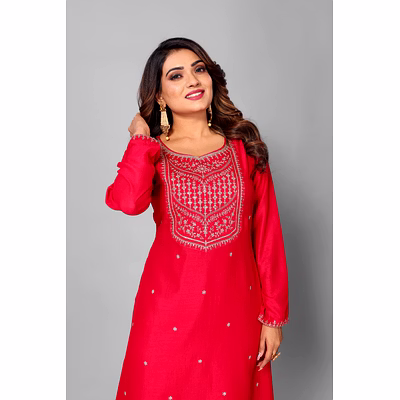 women pink embroidery silk blend stylist a-line kurti