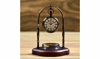 Brass Desk Clock With Compass On Wooden Base, Handmade Export Quality