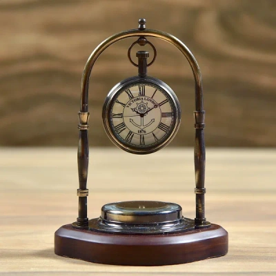 Brass Desk Clock With Compass On Wooden Base, Handmade Export Quality