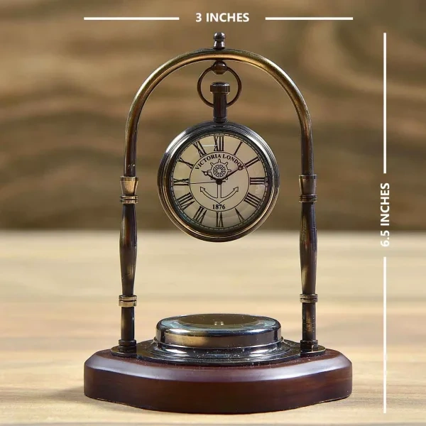 Brass Desk Clock With Compass On Wooden Base, Handmade Export Quality-2