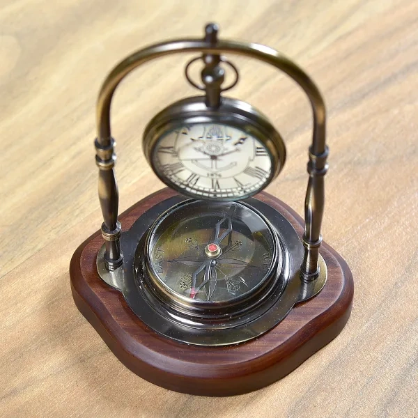 Brass Desk Clock With Compass On Wooden Base, Handmade Export Quality-3