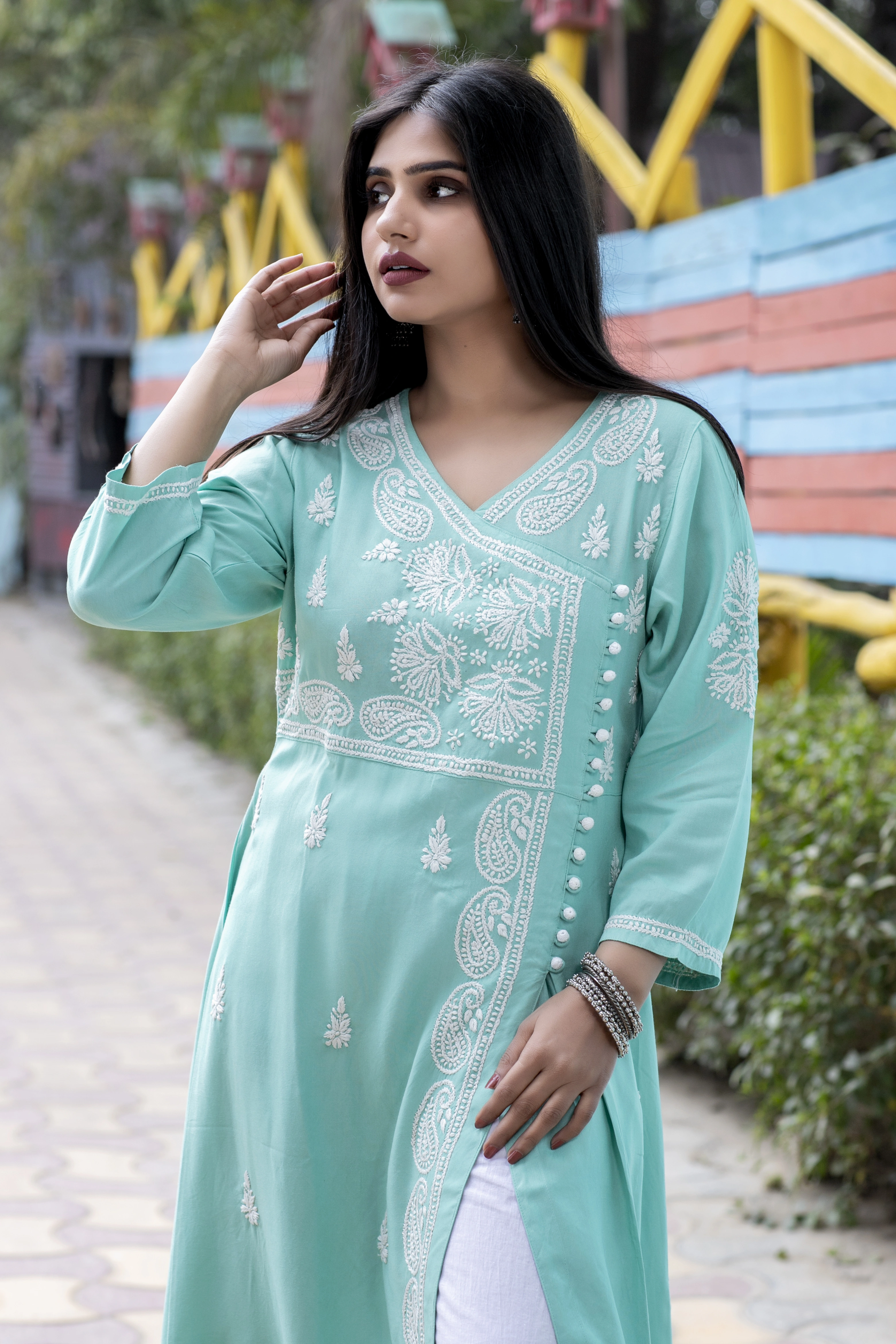 Chikankari hand embroidered kurtis on fabrics like modal, rayon,mulmul and cotton-12475399