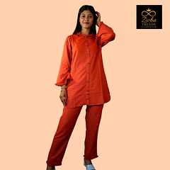 Premium Rust Orange Embroidered Co-Ord Shirt & Pant Set