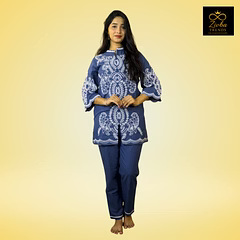 Petrol Blue Cotton Co-Ord Set with White Thread Embroidery