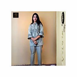 Military Beige Pure Cotton Co-Ord Set with Black Embroidery