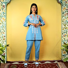 Sky Blue Embroidered Pure Cotton Co-Ord Set