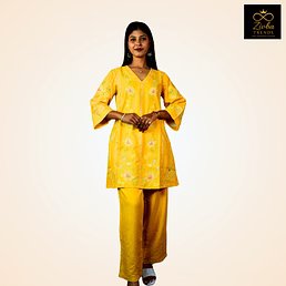 Yellow Multicolour Embroidered Reon Cotton Co-Ord Set